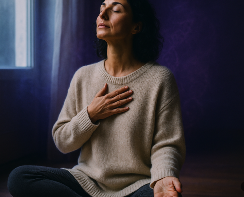 Mujer en meditación con la mano en el pecho · representación visual de cómo las emociones modifican el ADN según la epigenética y el Método 5L