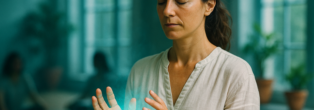Mujer sintiendo su campo energético con las manos · aprender a sanar en un día · taller presencial