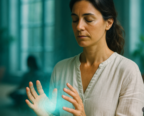 Mujer sintiendo su campo energético con las manos · aprender a sanar en un día · taller presencial