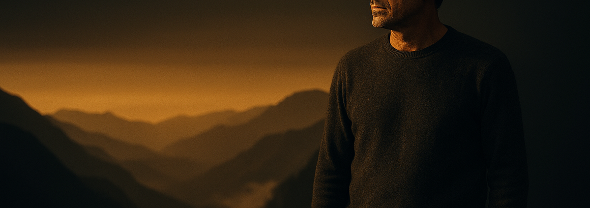 Hombre en cumbre de montaña al atardecer dorado representando lograr resultados Método 5L desde la calma