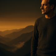 Hombre en cumbre de montaña al atardecer dorado representando lograr resultados Método 5L desde la calma