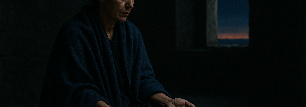 Mujer en silencio absoluto antes del amanecer — noche oscura del alma significado y proceso de transformación