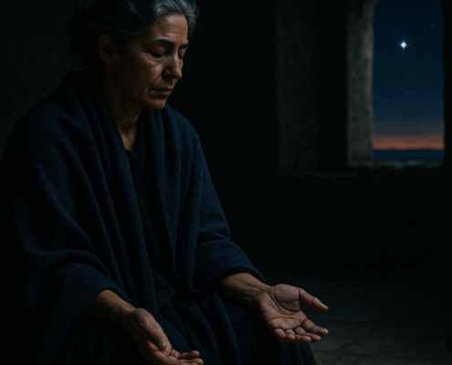 Mujer en silencio absoluto antes del amanecer — noche oscura del alma significado y proceso de transformación