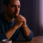 Hombre de 42 años en su cocina al amanecer tras desactivar el auto-sabotaje con el dinero con el Reto 1 SCE