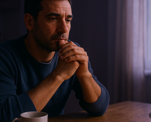 Hombre de 42 años en su cocina al amanecer tras desactivar el auto-sabotaje con el dinero con el Reto 1 SCE