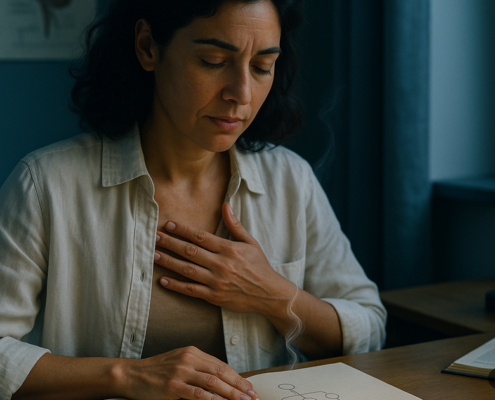 Mujer reflexionando sobre un árbol genealógico en un cuaderno: epigenética emocional y patrones heredados.