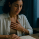 Mujer reflexionando sobre un árbol genealógico en un cuaderno: epigenética emocional y patrones heredados.