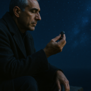 Hombre contempla el cielo nocturno reconociendo los patrones del alma que han marcado su vida