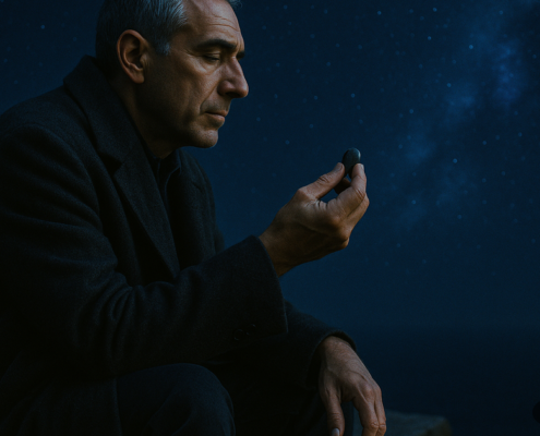 Hombre contempla el cielo nocturno reconociendo los patrones del alma que han marcado su vida