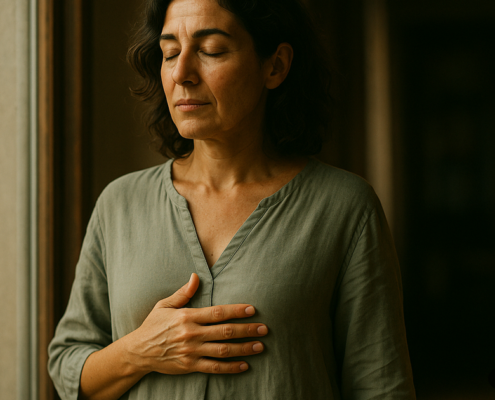 Mujer reclamando su campo energético tras un día cargado — aprender sanación energética en la formación SEP Método 5L