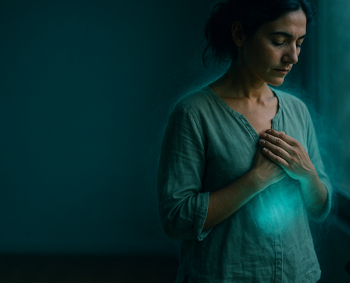 Mujer con las manos sobre el pecho en una práctica para limpiar tu campo energético al atardecer