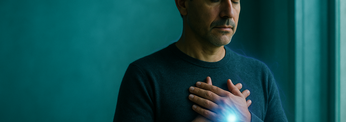 Hombre de unos 40 años junto a una ventana en una práctica de protección energética con las manos cruzadas sobre el pecho