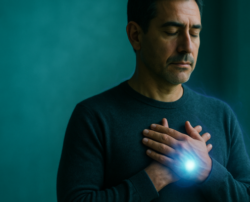Hombre de unos 40 años junto a una ventana en una práctica de protección energética con las manos cruzadas sobre el pecho