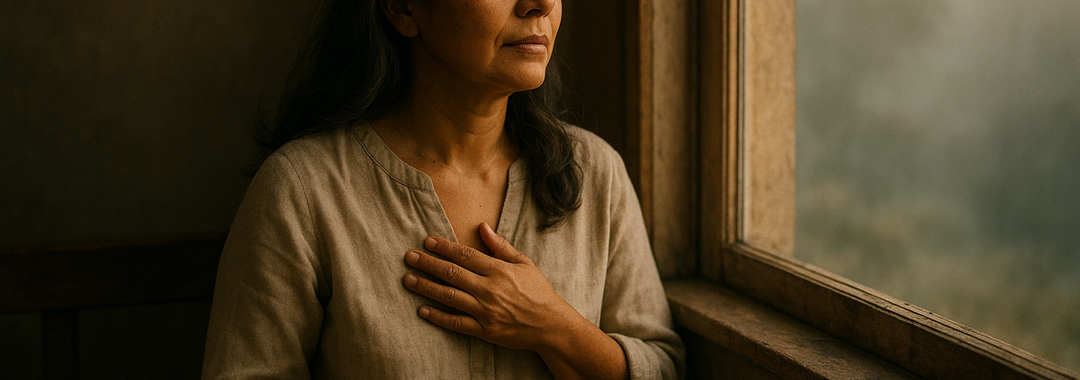 Escuchar tu intuición: mujer serena con la mano en el pecho junto a una ventana al amanecer, en silencio interior