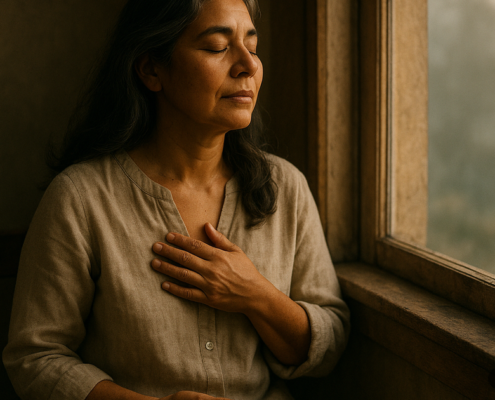 Escuchar tu intuición: mujer serena con la mano en el pecho junto a una ventana al amanecer, en silencio interior