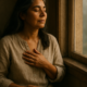 Escuchar tu intuición: mujer serena con la mano en el pecho junto a una ventana al amanecer, en silencio interior
