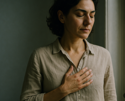 Mujer suelta la carga del día tras limpiar su campo — curso de sanación energética en la formación SEP Método 5L