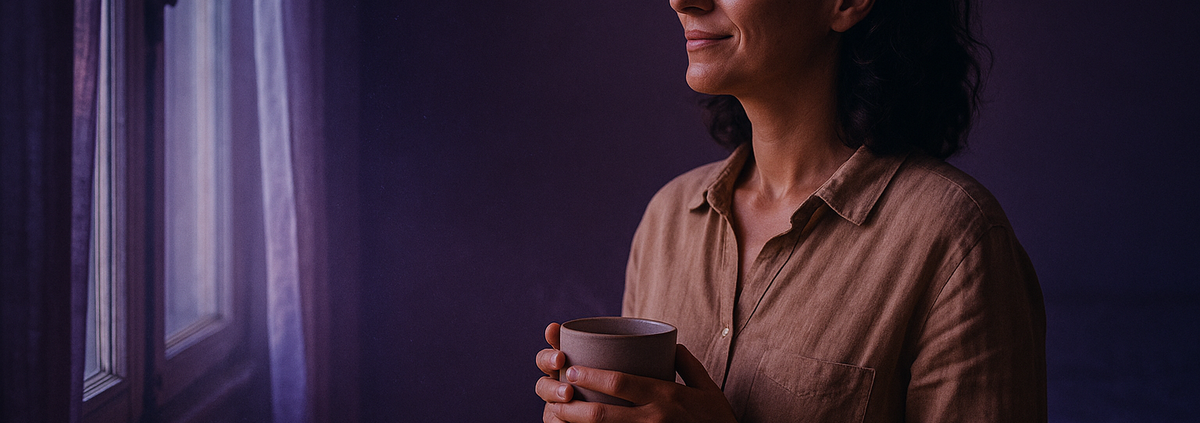 Mujer de 41 años junto a la ventana sosteniendo una taza, imagen sobre aprender a decir que no con el Método 5L
