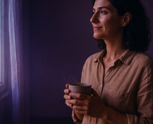 Mujer de 41 años junto a la ventana sosteniendo una taza, imagen sobre aprender a decir que no con el Método 5L