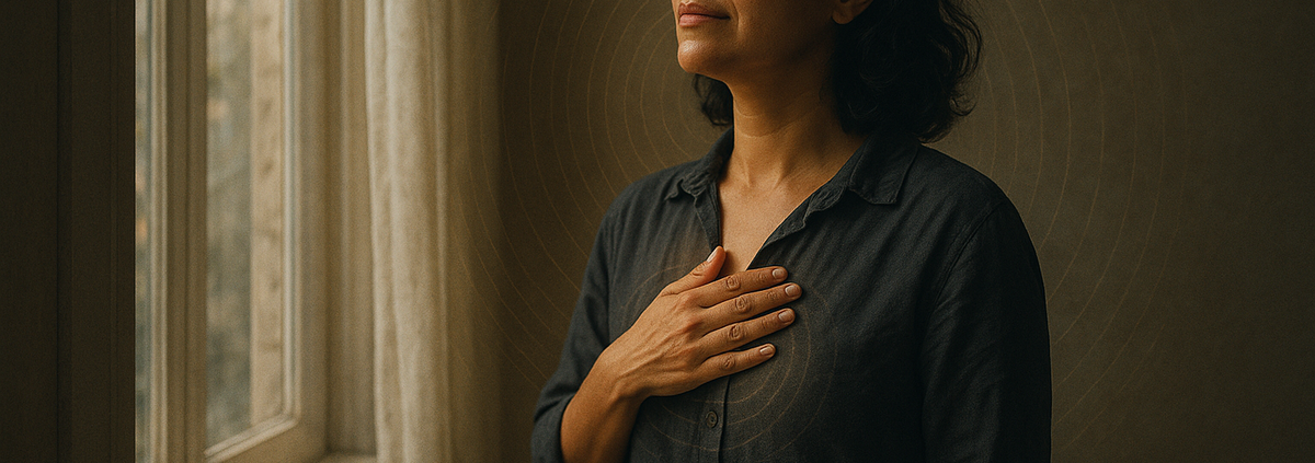 Ley de la resonancia: mujer en calma junto a una ventana al amanecer emitiendo ondas de luz — Método 5L