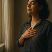 Ley de la resonancia: mujer en calma junto a una ventana al amanecer emitiendo ondas de luz — Método 5L