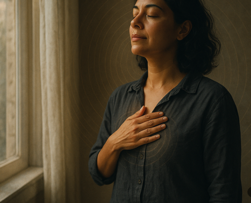 Ley de la resonancia: mujer en calma junto a una ventana al amanecer emitiendo ondas de luz — Método 5L