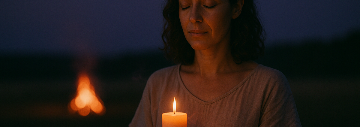 Ritual noche de San Juan: manos sostienen una vela encendida en el solsticio de verano para soltar lo viejo — Método 5L