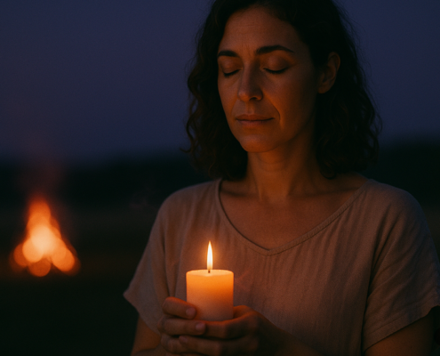 Ritual noche de San Juan: manos sostienen una vela encendida en el solsticio de verano para soltar lo viejo — Método 5L