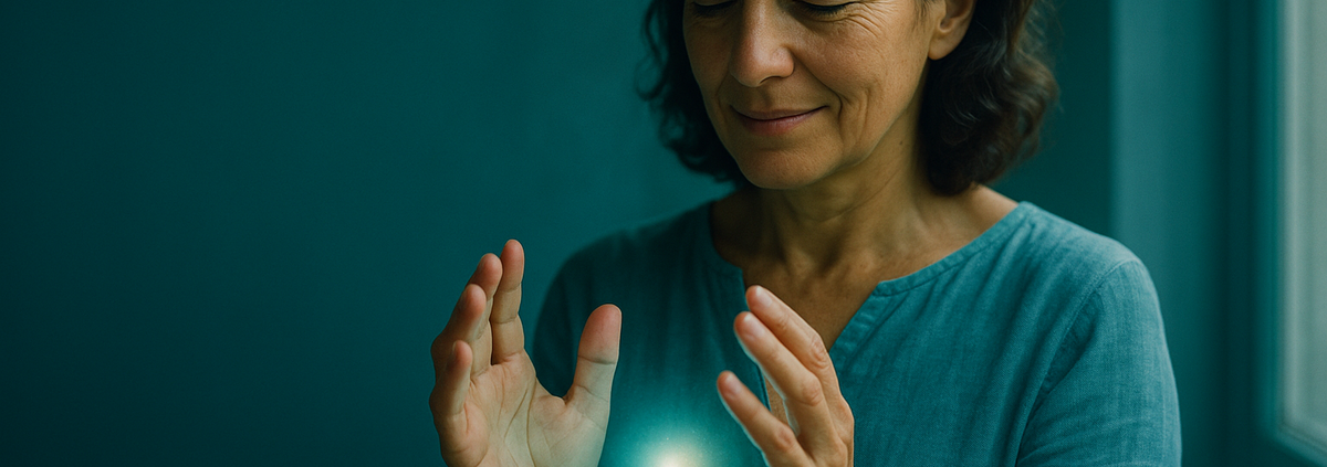 Taller prácticas energéticas septiembre 2026: mujer sintiendo energía entre las palmas junto a una ventana
