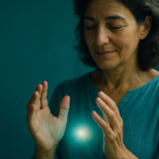 Taller prácticas energéticas septiembre 2026: mujer sintiendo energía entre las palmas junto a una ventana
