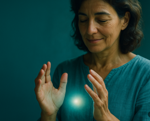 Taller prácticas energéticas septiembre 2026: mujer sintiendo energía entre las palmas junto a una ventana