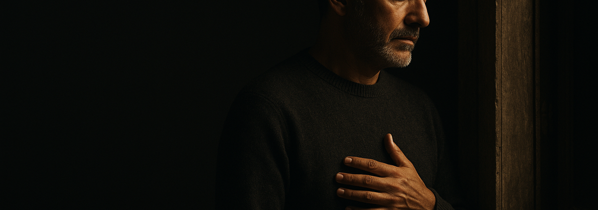 Personas despiertas sufren más: hombre sereno con la mano en el pecho, luz penetrando la penumbra