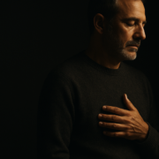 Personas despiertas sufren más: hombre sereno con la mano en el pecho, luz penetrando la penumbra