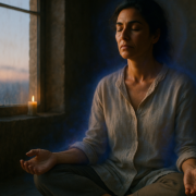 Mujer en meditación al amanecer trabajando karma y conciencia con el Método 5L de David Moreno