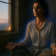Mujer en meditación al amanecer trabajando karma y conciencia con el Método 5L de David Moreno