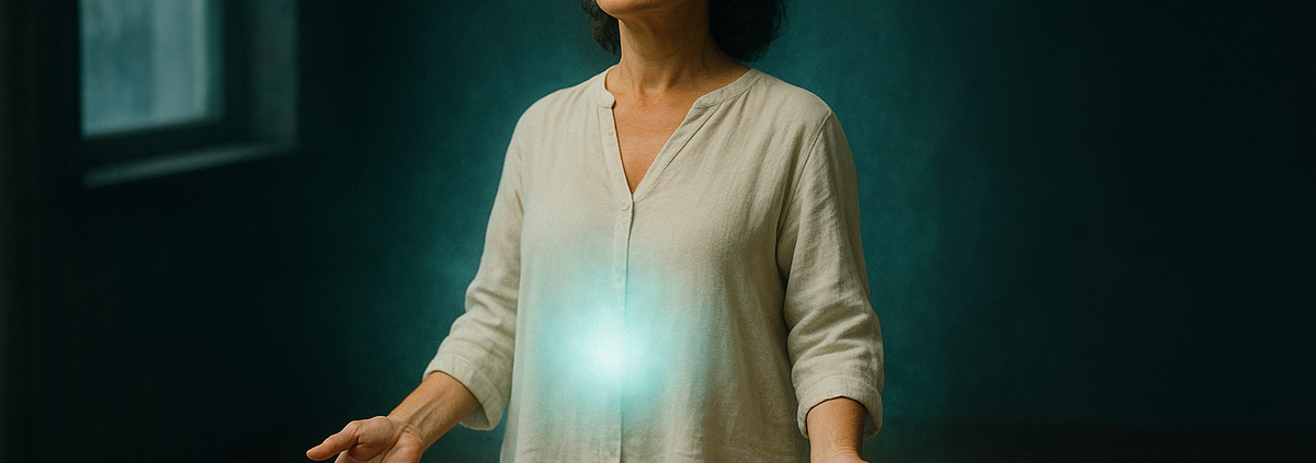 Mujer en taller de sanación energética presencial con campo áurico visible — formación SEP Método 5L