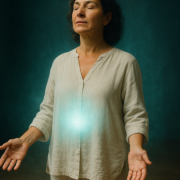 Mujer en taller de sanación energética presencial con campo áurico visible — formación SEP Método 5L