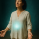 Mujer en taller de sanación energética presencial con campo áurico visible — formación SEP Método 5L