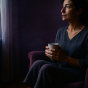 Mujer cuidadora descansando junto a una ventana, recuperando energía — cansancio crónico sin causa médica