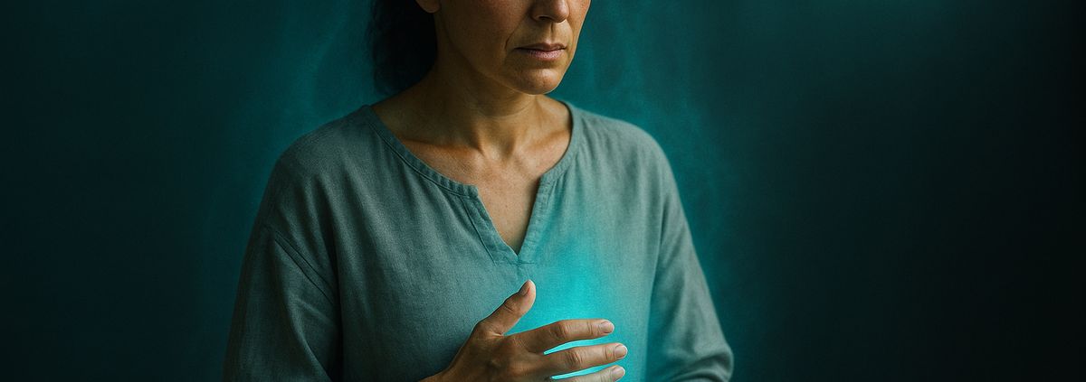 Limpieza energética personal: mujer escaneando su campo con las manos, luz turquesa sutil alrededor
