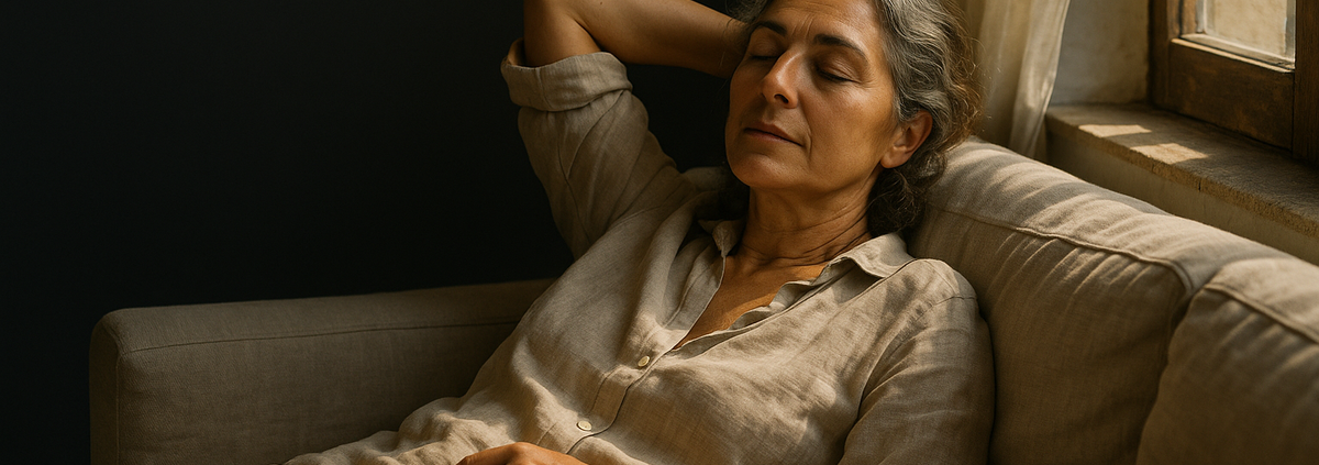 Descansar sin culpa: mujer descansando relajada en un sofá junto a una ventana en una mañana de verano