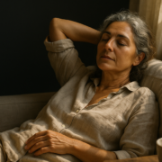Descansar sin culpa: mujer descansando relajada en un sofá junto a una ventana en una mañana de verano