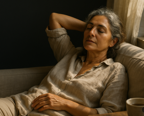 Descansar sin culpa: mujer descansando relajada en un sofá junto a una ventana en una mañana de verano