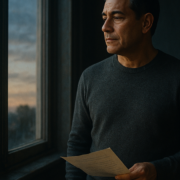 La vida repite la misma lección: hombre sereno frente a una ventana al amanecer con un papel en la mano