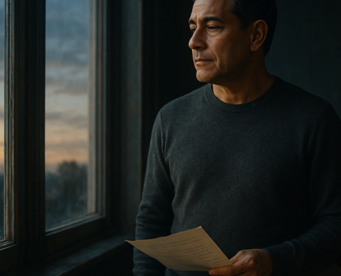 La vida repite la misma lección: hombre sereno frente a una ventana al amanecer con un papel en la mano