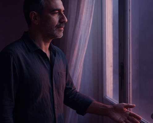 Soltar el rencor: hombre sereno junto a una ventana al amanecer soltando la tensión
