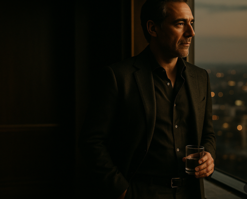 Directivo mirando la ciudad desde su oficina al atardecer, reflejando el vacío interior tras el éxito profesional.