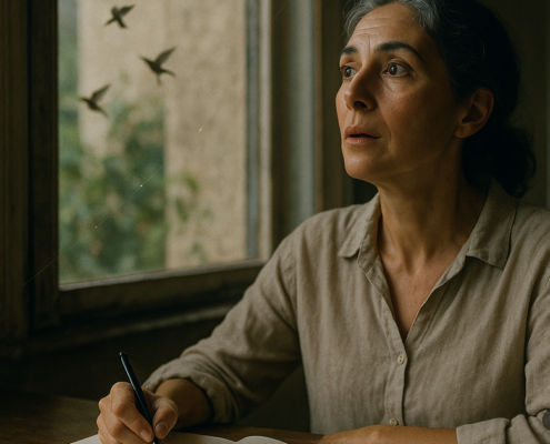 Sincronicidades: mujer serena junto a una ventana al amanecer con un cuaderno abierto