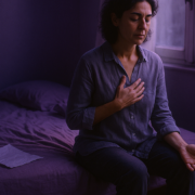 Mujer sentada junto a la ventana trabajando su sentimiento de culpa con la mano en el pecho