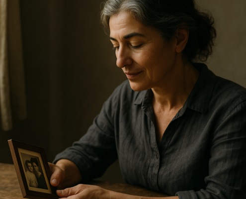 Mujer observando una foto familiar antigua, símbolo de epigenética y herencia emocional